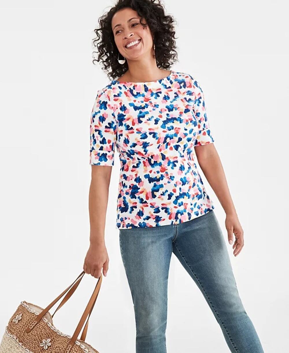 Style&Co Women Plus Size Boat Neck Elbow-Sleeve Top Size 3X Dreamy Dye Blue Pink